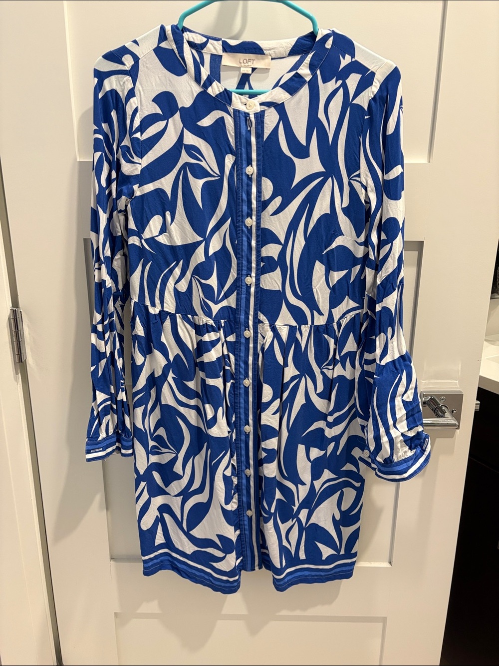 LOFT Blue and White Printed Button-Front Dress